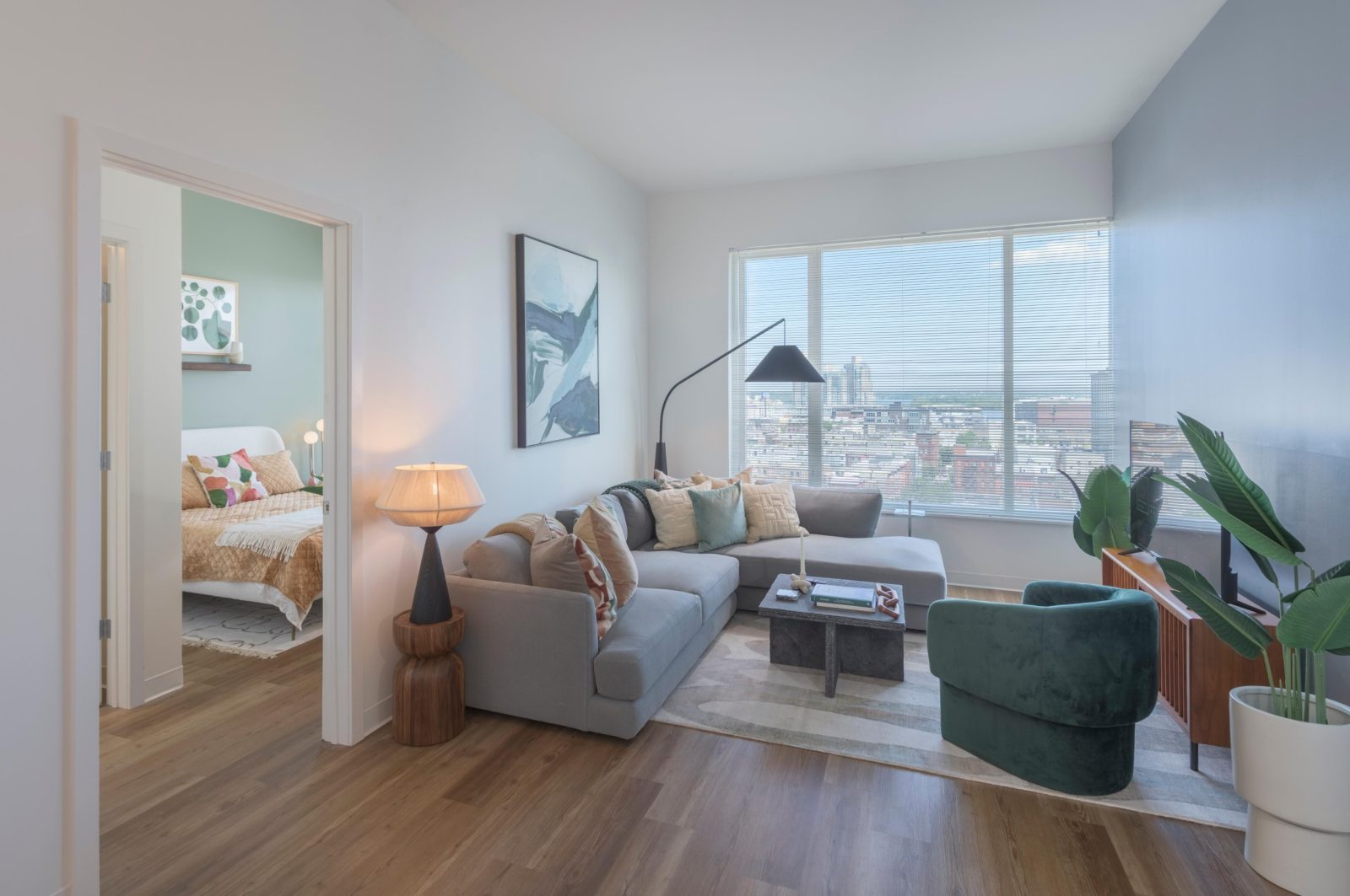 Living room with large windows and view.