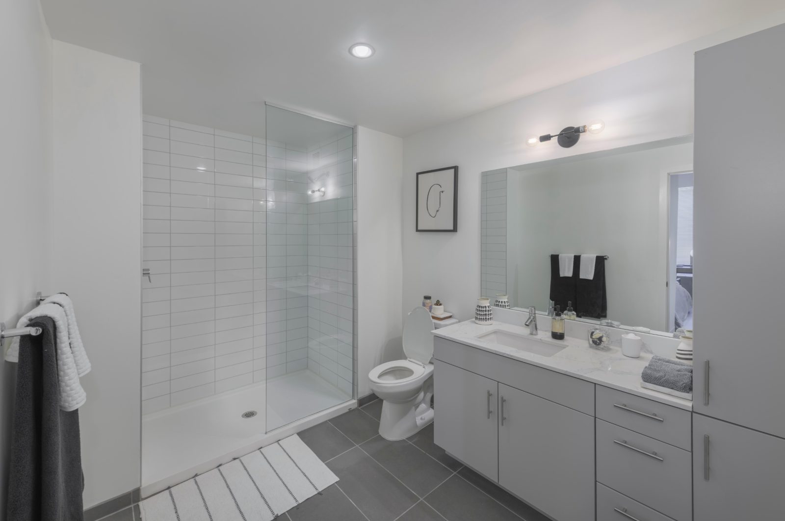 Bathroom with walk-in shower and vanity.