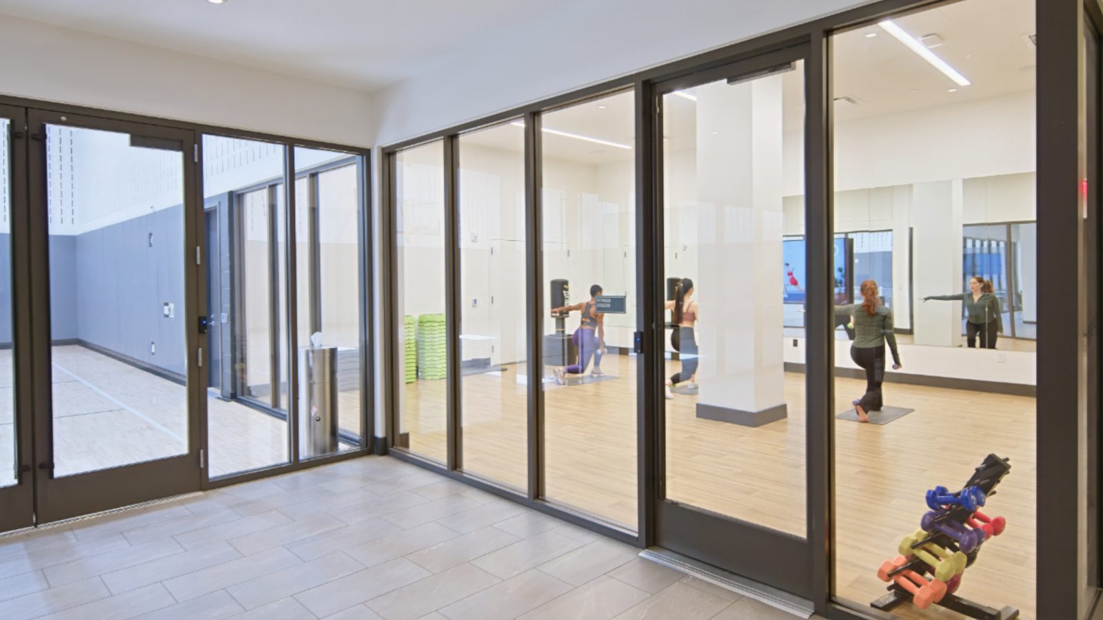 Yoga studio with a glass wall entrance