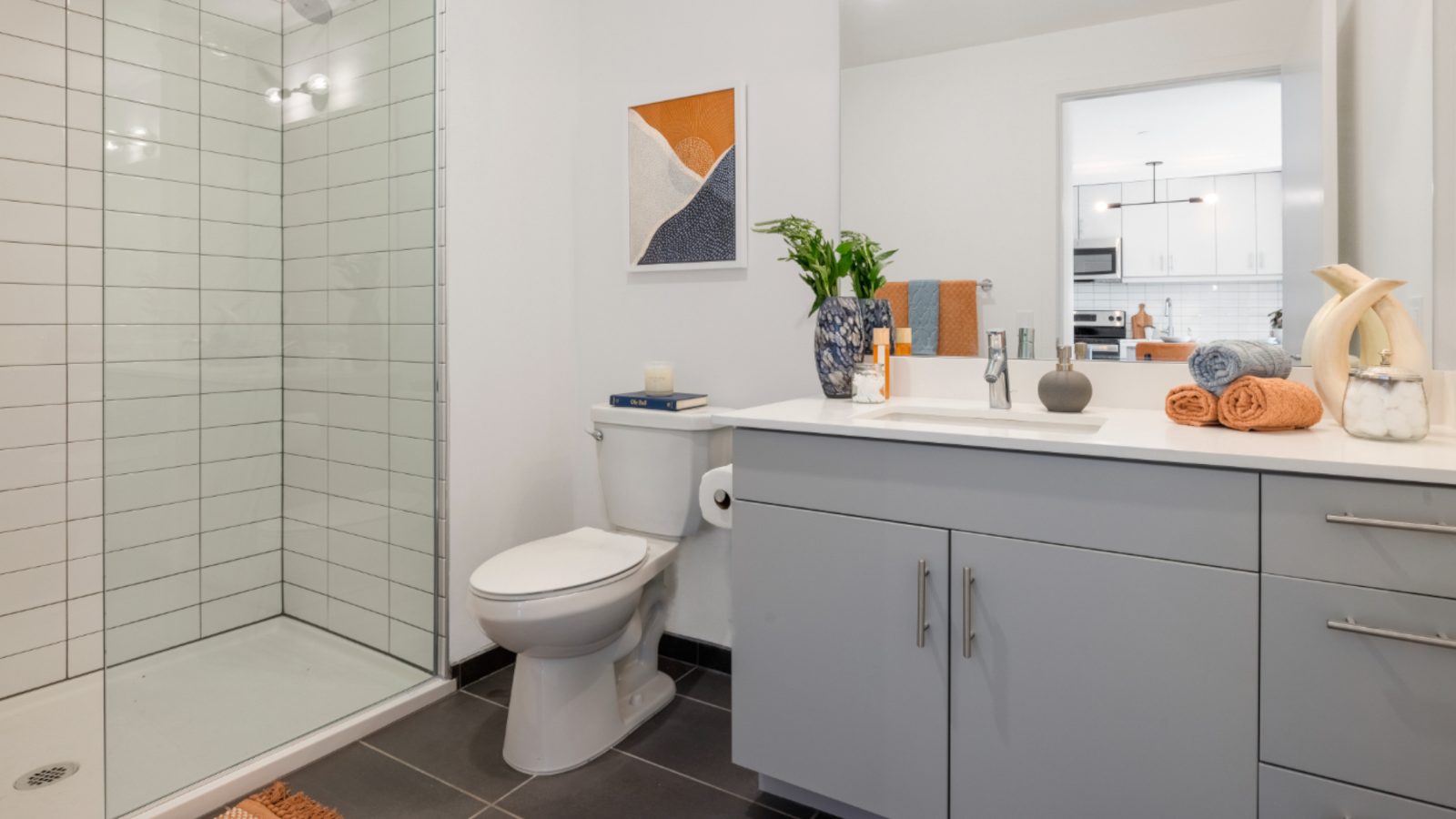 Bathroom with walk-in shower.