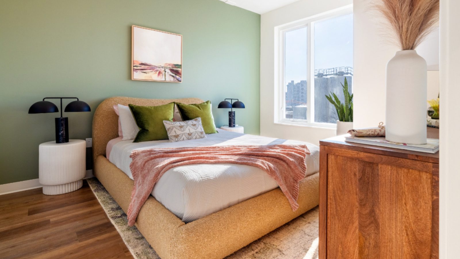 Alternate view of bedroom with green wall.